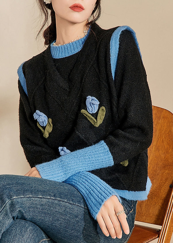 Blue O-neck Patchwork Cotton Knit Sweaters Winter Wv005
