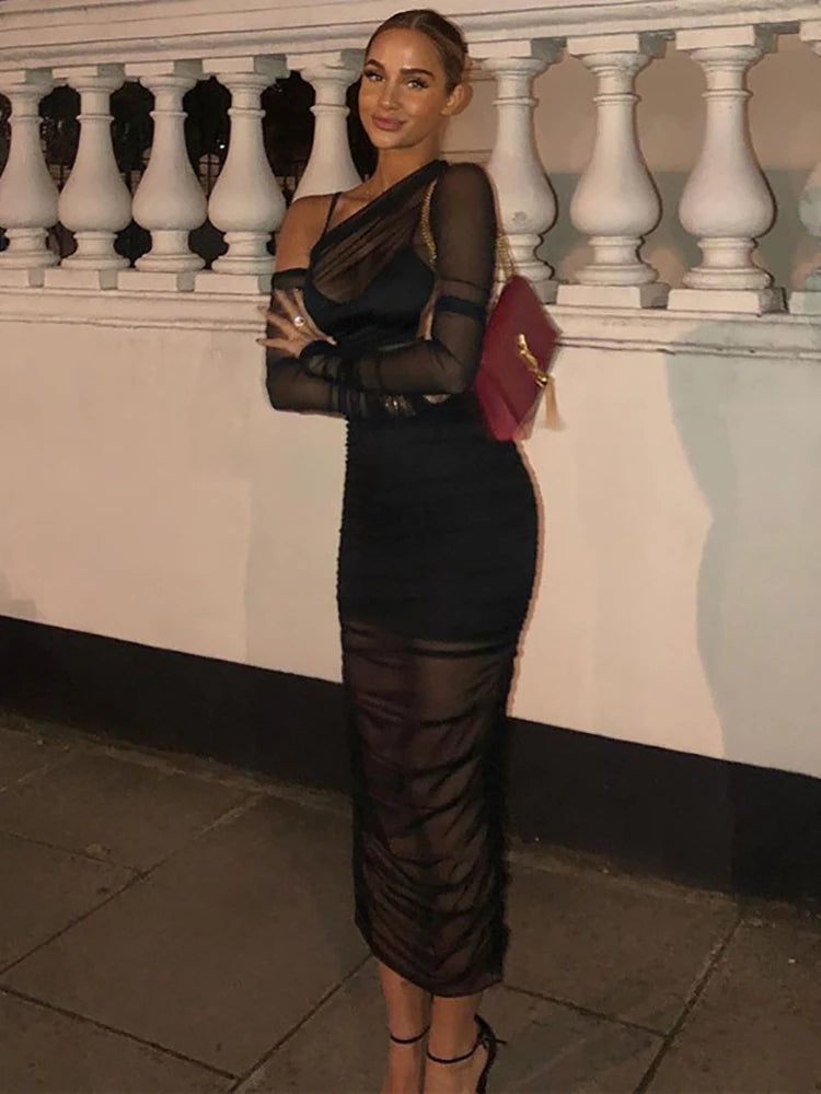 Mesh See Through Dress 3 Piece Set Female Clothing Slim Camisole Black Bodycon Skirts