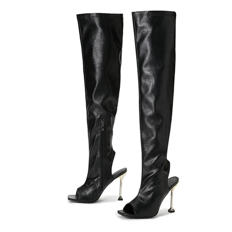 Spring Autumn Zip Metal Thin Heels Open Toe Leather Thigh High Over the Knee Boots Party Club Stripper Shoes