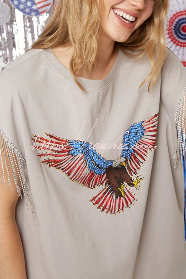 Extraordinary American Eagle Print Rhinestone Tassel Short Sleeve T-shirt