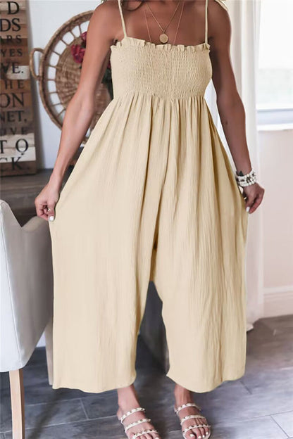 Color High Waist Linen Blend Suspender Pleated Jumpsuit