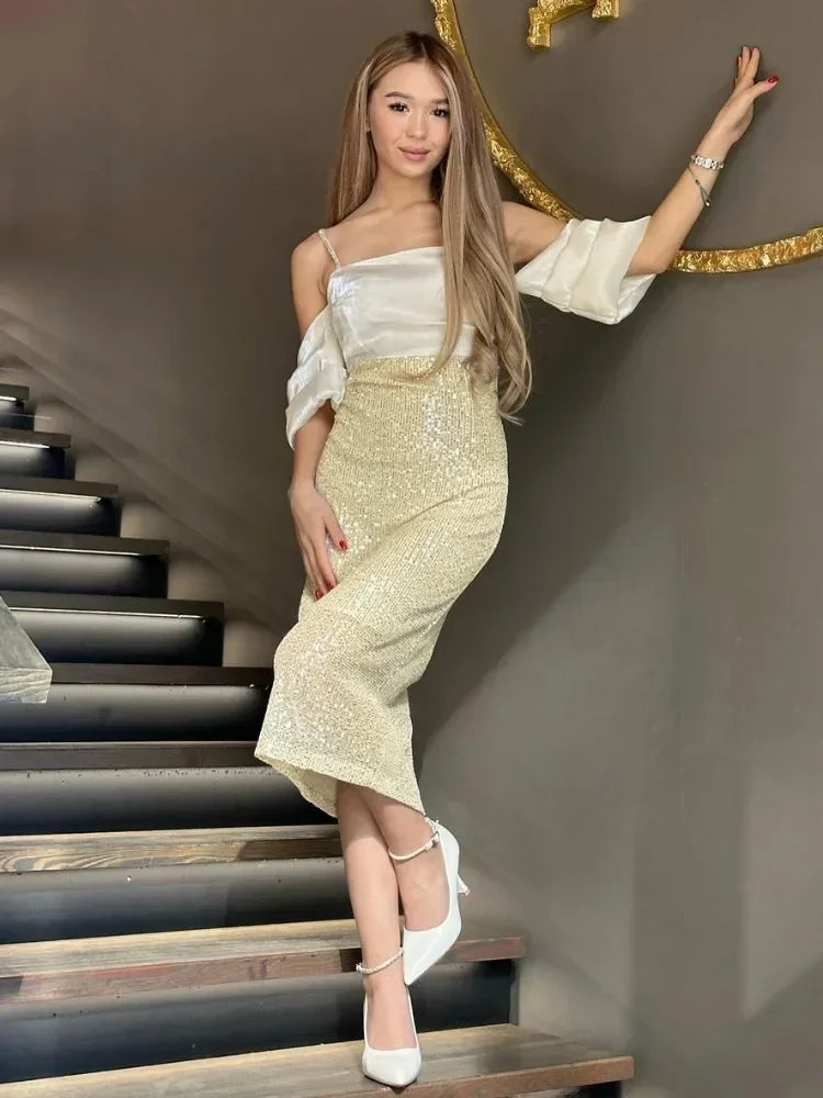 Female Sequin Long Skirt High Waist Patchwork Glitter Party Gown Maxi Skirt Slim for Long Skirt