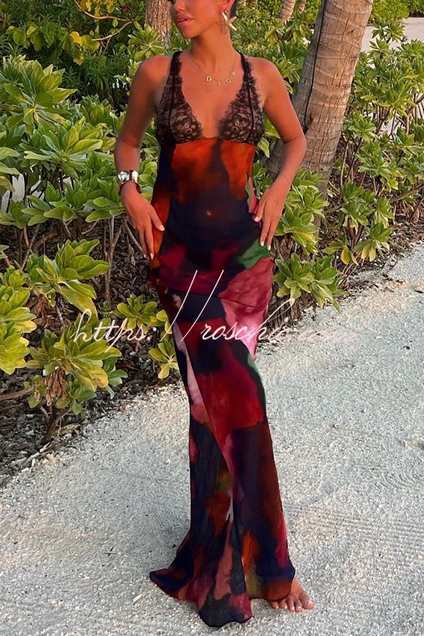 Rosalinda Abstract Print Lace Patchwork Back Lace-up Maxi Dress