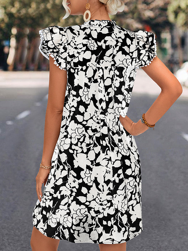 A-line Ruffle Sleeves Printed Split-joint Tied V-neck Mini Dresses