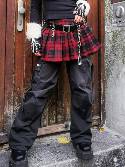 90s Grunge Plaid Mini Gothic Eyelet Strap Pleated Y2k Techwear A-line Skirt