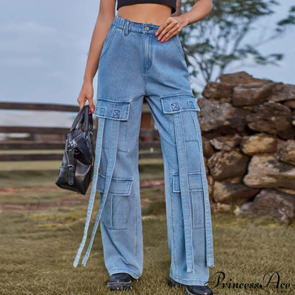90s Blue Cargo Big Pockets Overalls High Waist Straight Denim Jean