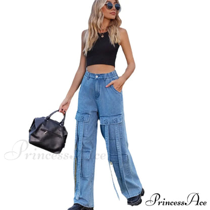 90s Blue Cargo Big Pockets Overalls High Waist Straight Denim Jean