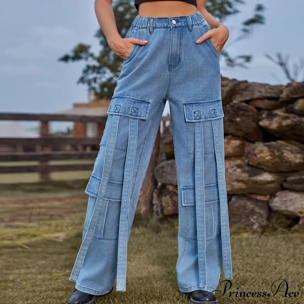 90s Blue Cargo Big Pockets Overalls High Waist Straight Denim Jean