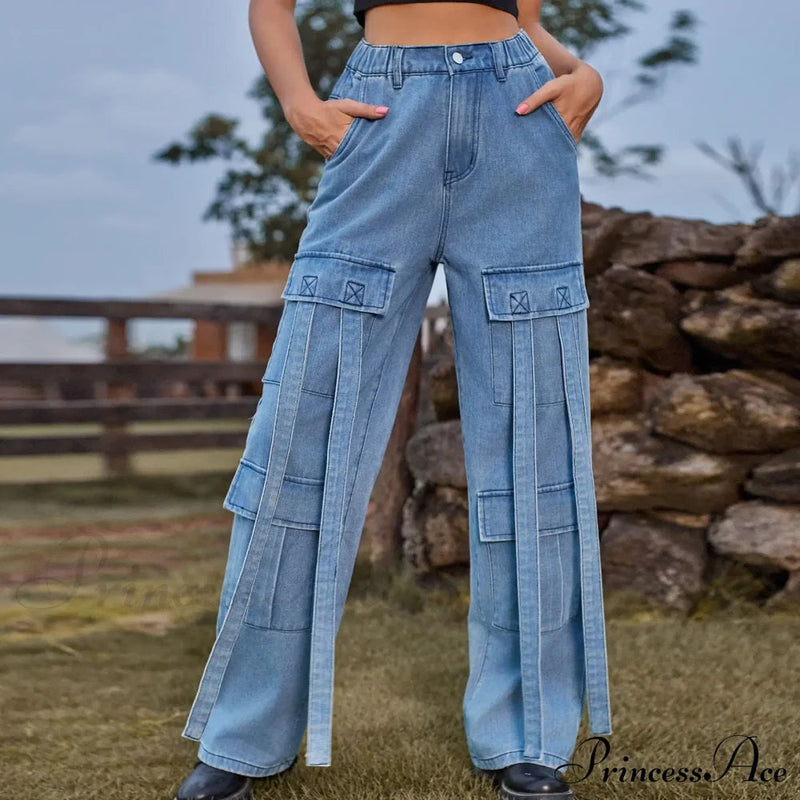 90s Blue Cargo Big Pockets Overalls High Waist Straight Denim Jean