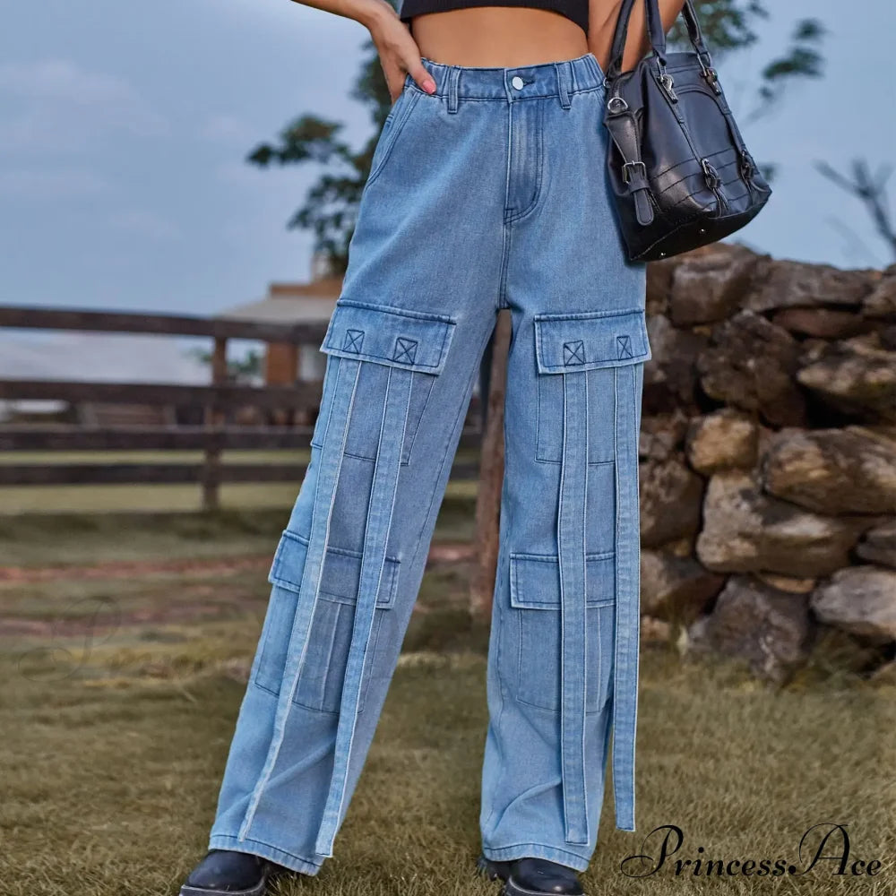 90s Blue Cargo Big Pockets Overalls High Waist Straight Denim Jean