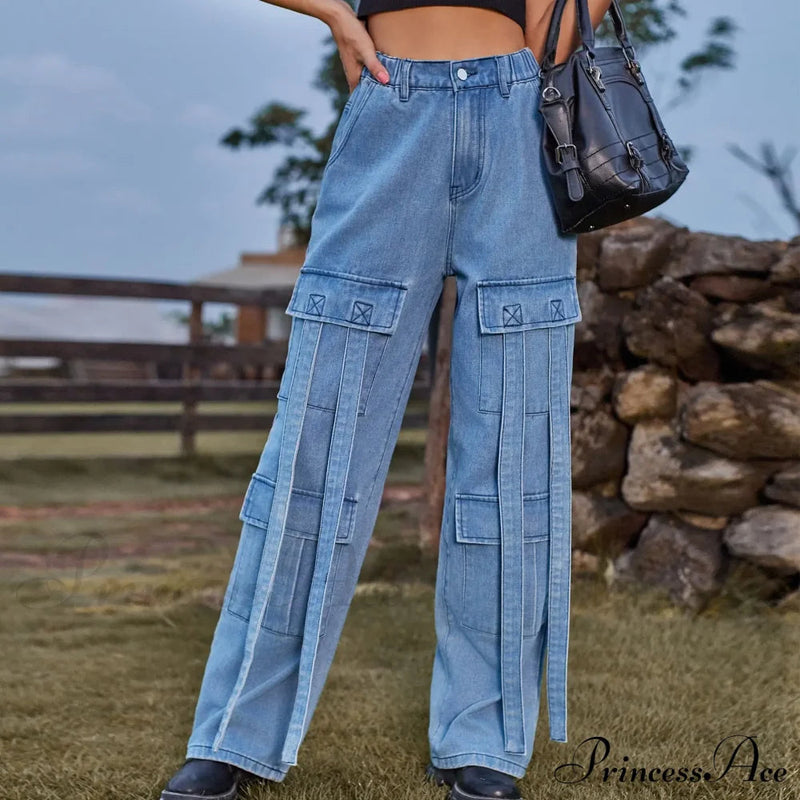 90s Blue Cargo Big Pockets Overalls High Waist Straight Denim Jean