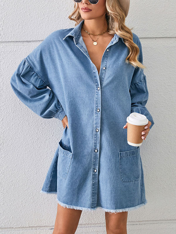 Long Sleeves Loose Buttoned Fringed Pleated Pockets Split-joint Lapel Mini Dresses