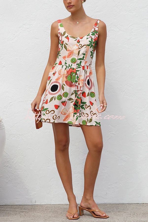 Botanical Print Sleeveless Button-down Mini Dress
