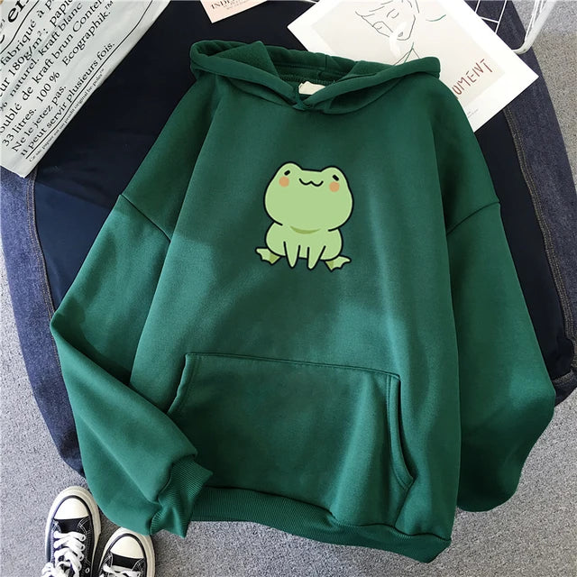 Frog Sweatshirt Cartoon Clothes Harajuku Long Sleeve Hooded Kawaii Hoodie for Winter Fleece Hoodies Pocket Green Tops
