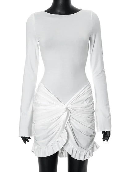 Ruffled Twist Skinny Mini Dress ’s Long Sleeve Patchwork High Waist Party Dress Female Y2k Bodycon Dress