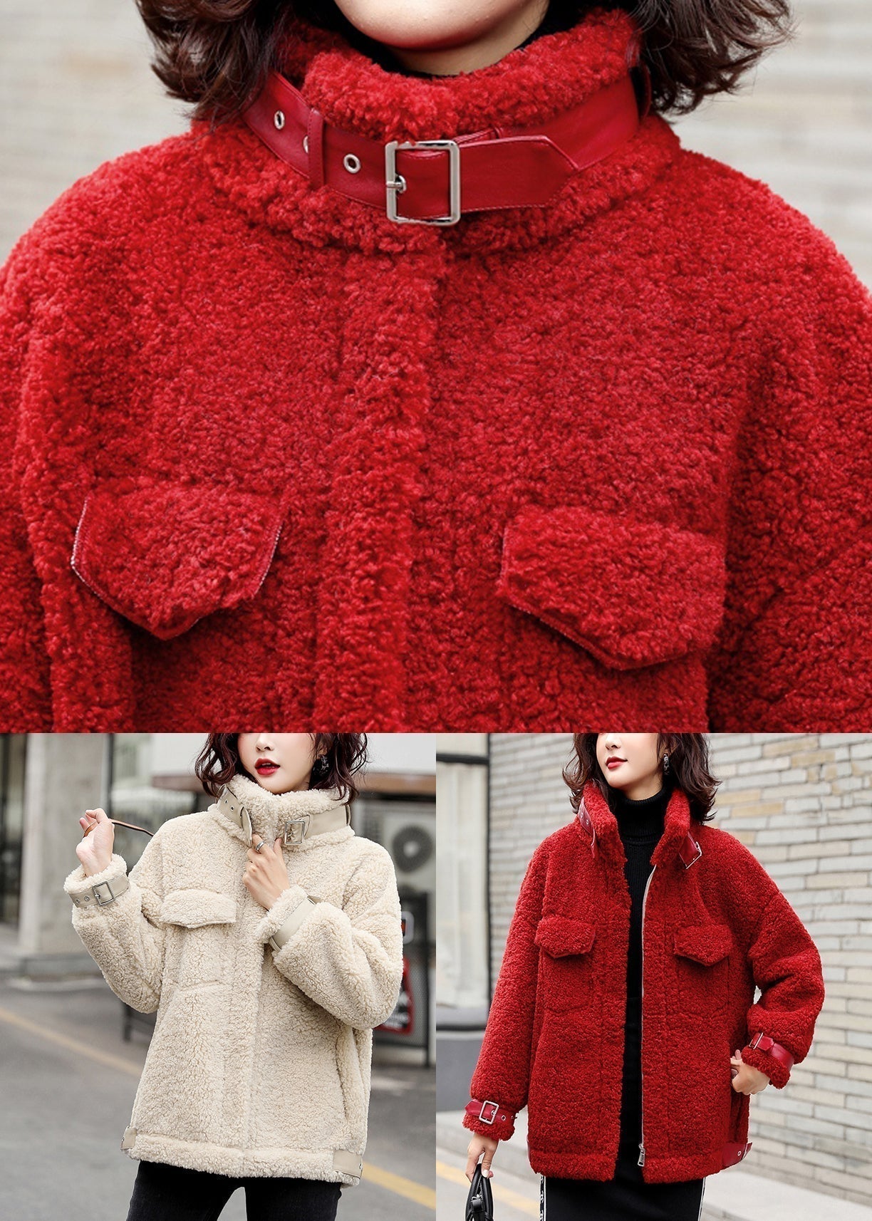 Loose Red Zippered Patchwork Teddy Faux Fur Coat Winter Ry001