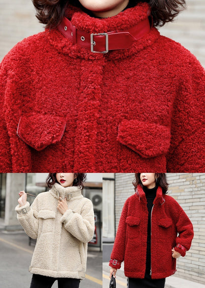 Loose Red Zippered Patchwork Teddy Faux Fur Coat Winter Ry001