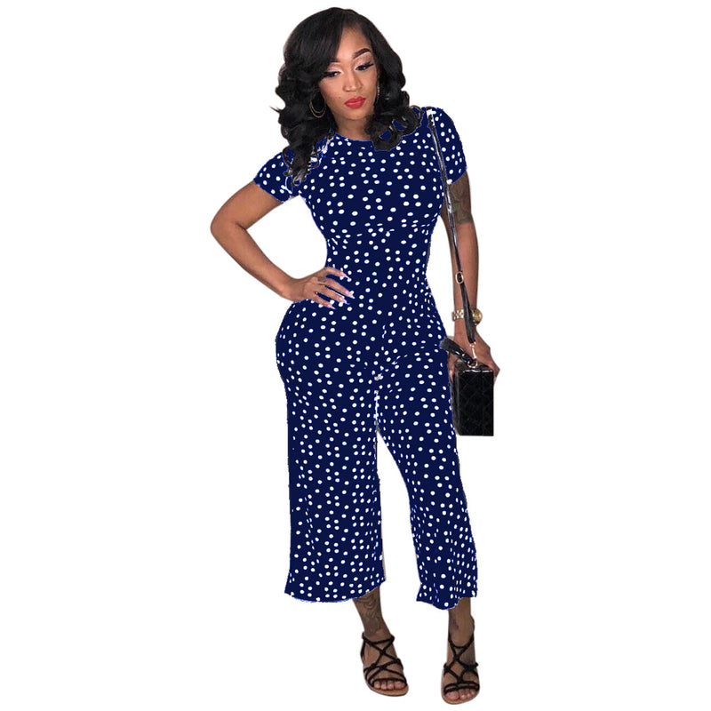 Classic Polka Dot Round Neck Wide Leg Cropped Pants