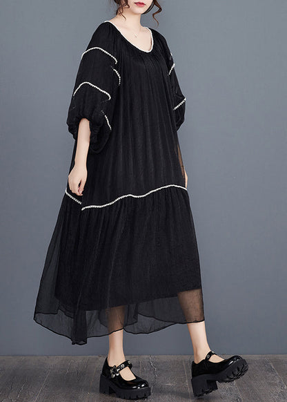 Black Nail Bead Long Dresses Half Sleeve Aj1022
