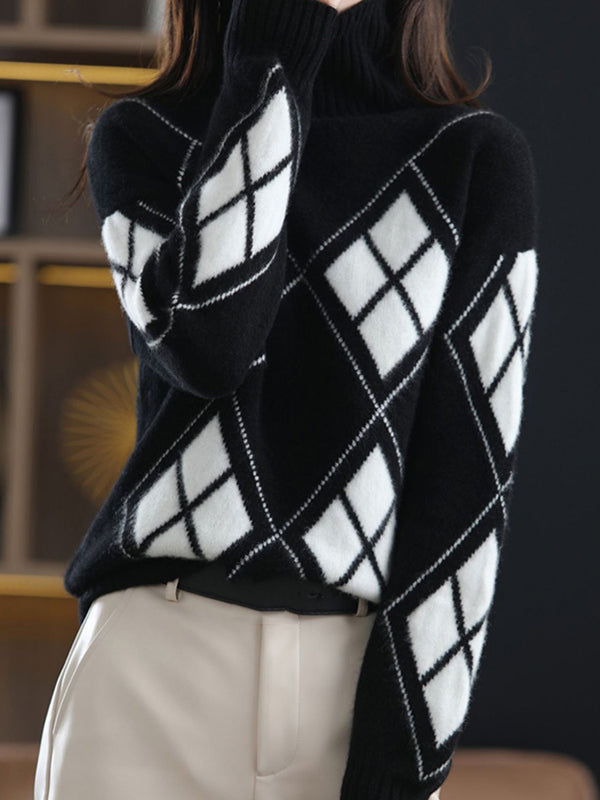 Red High-neck Contrast Color Plaid Long Sleeves Sweater Qx014