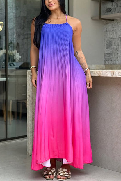Sea Goddess Gradient Print Pleated Halter Backless A-line Maxi Dress