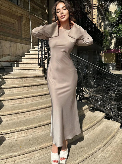 Stain Slim Maxi Dresses for Party Evening Dress ’s High Waist Femme Autumn Dress