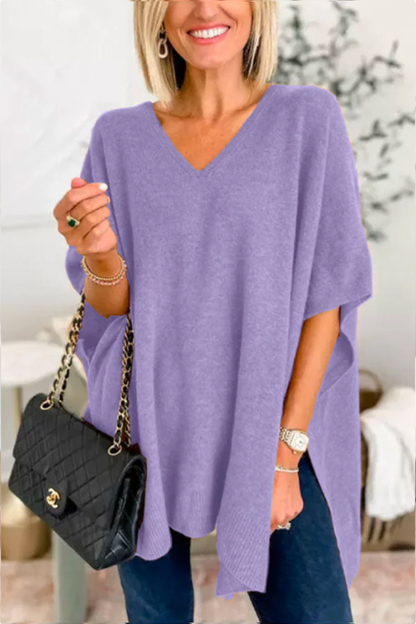 V Neck Loose Fit Poncho Sweater