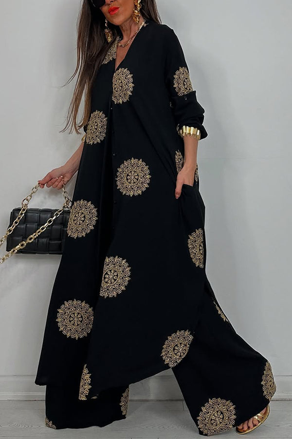 Unique Printed V-neck Long Sleeve Long Shirt and Elastic Waist Pocket Wide Leg Pants Set