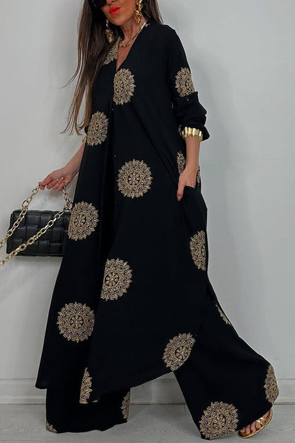 Unique Printed V-neck Long Sleeve Long Shirt and Elastic Waist Pocket Wide Leg Pants Set