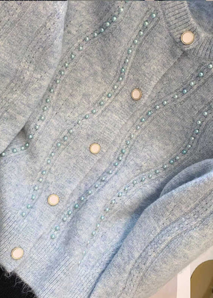 Unique Blue Nail Bead Cotton Knit Cardigans Fall Wd034