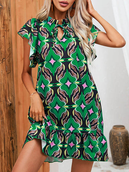 A-line High Waisted Hollow Pleated Printed Split-joint Tied Round-neck Mini Dresses