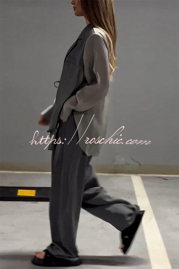 And Chiffon Patchwork Irregular Lace-up Jacket and Pocketed Straight-leg Pants Set