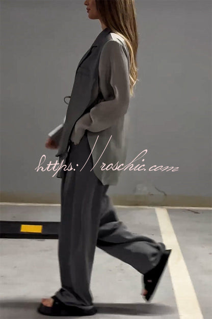 And Chiffon Patchwork Irregular Lace-up Jacket and Pocketed Straight-leg Pants Set