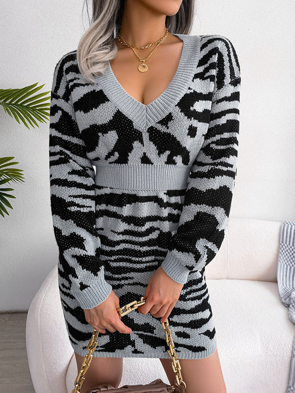 High Waisted Long Sleeves Split-joint Tiger Skin Pattern V-neck Mini Dresses Sweater Dresses