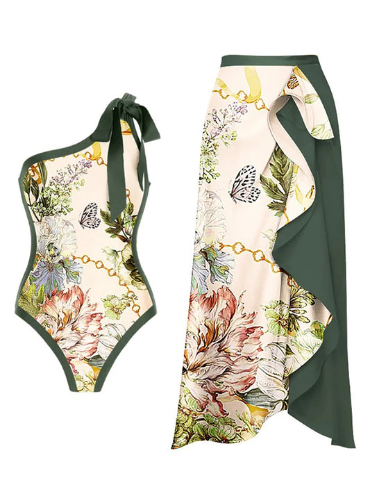 One Shoulder Print One Piece Swimsuit and Skirt