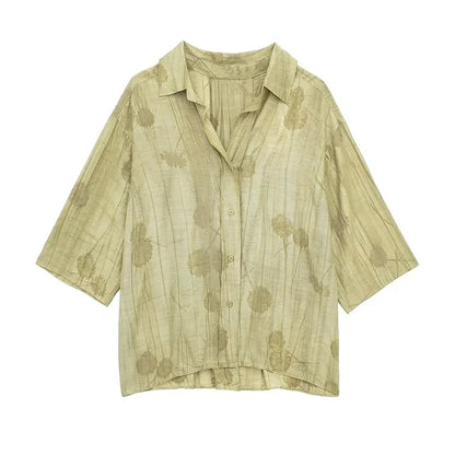 New Linen Tie-dye Print Long Pants Sets for Lapel Half Sleeve Single Breasted Shirts Drawstring Wide Leg Pant 2 Pieces Set