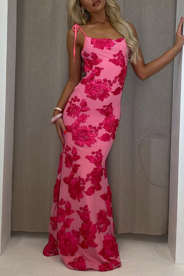 Embroidered Suspender Strap Slim Fit Maxi Dress