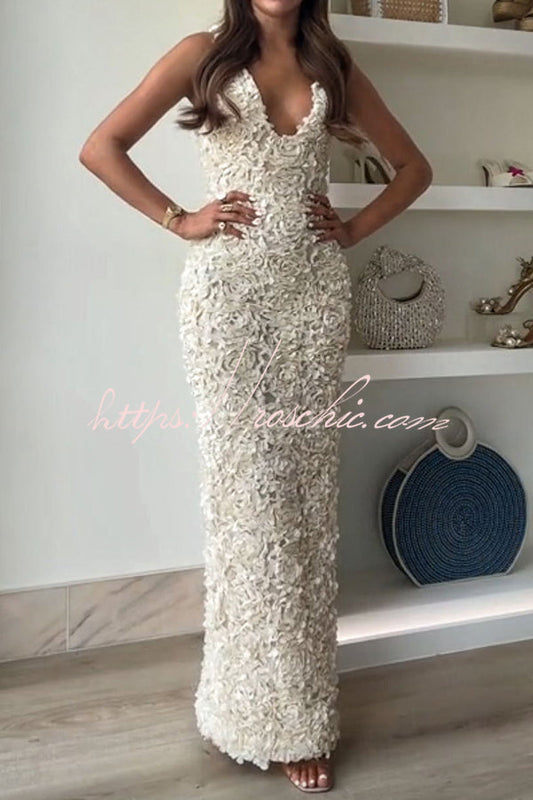 Champagne Party Rose Applique Slit Pencil Maxi Dress