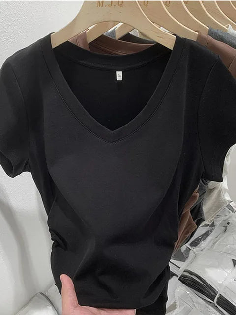 New Summer Top T Shirt Elasticity T-shirt Korean Style Woman Clothes Slim Tshirt Female Skinny Short Sleeve Tops Tee