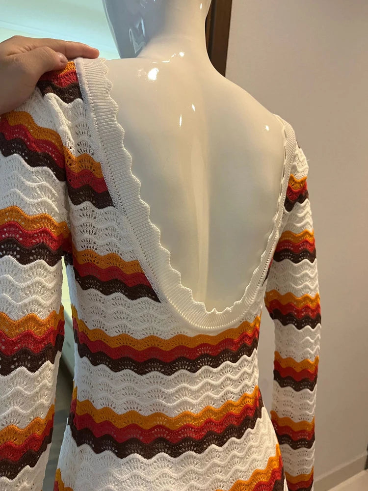 Striped Contrast Knit Maxi Dress Hollow Out Long Sleeve Cover Up Summer Loose Dress High Waist Dress