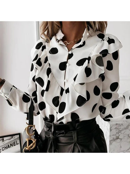 Leopard Dot Print Ruffle Blouse Shirt Autumn Winter Long Sleeve Shirts Office Lady V-neck Button Tops Blusa