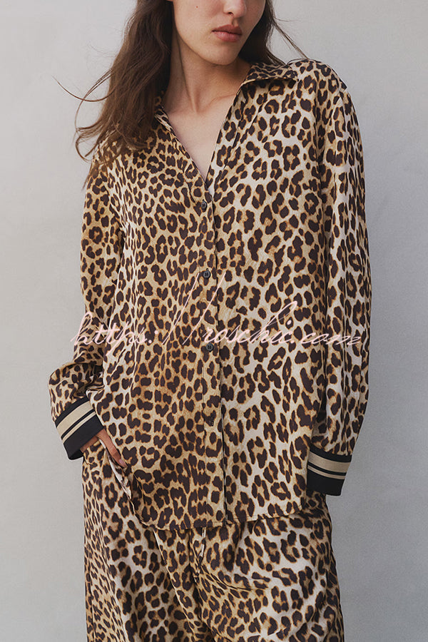 Unique Print Lapel Long Sleeve Loose Shirt and Elastic Waist Pocket Wide Leg Pants Set