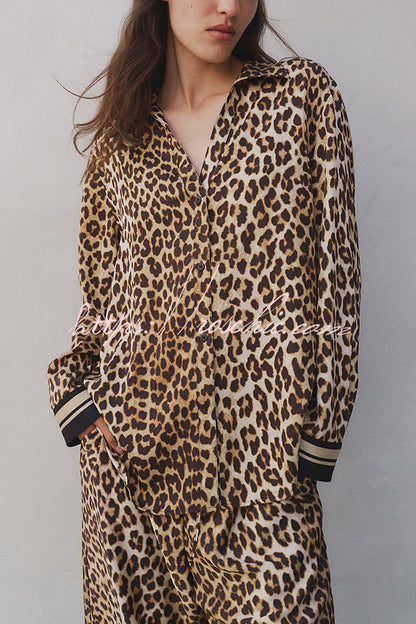 Unique Print Lapel Long Sleeve Loose Shirt and Elastic Waist Pocket Wide Leg Pants Set