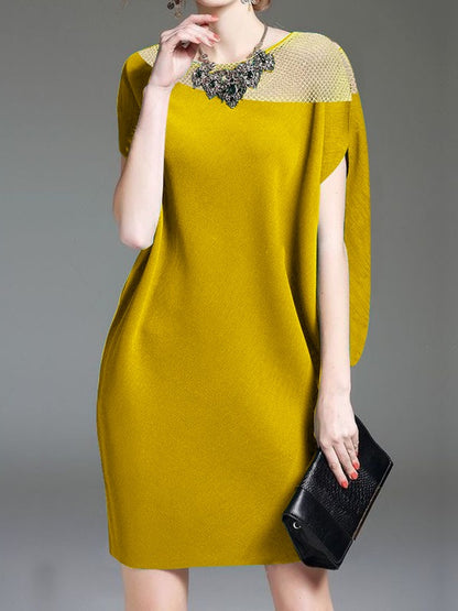 Loose Raglan Sleeve Mesh Split-joint Round-neck Mini Dresses
