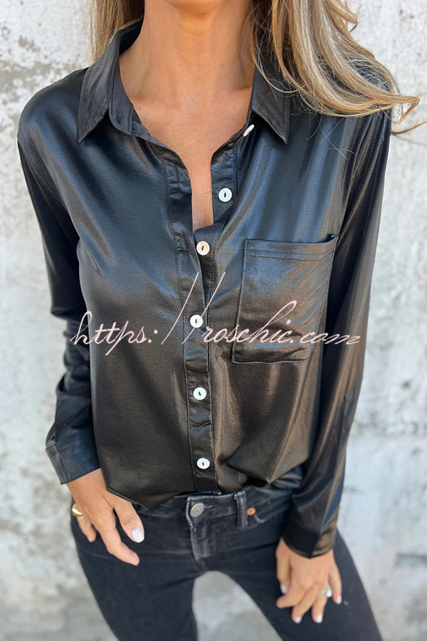 Holiday Look Metallic Loose Pocket Button-down Blouse