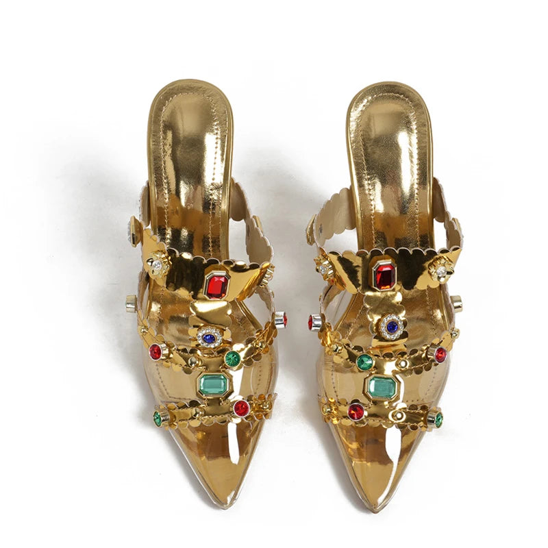 Liyke Runway Style Color Gem Pumps Slippers Crystal Rhinestone Pvc Transparent Mules High Heels Summer Party Prom Shoes