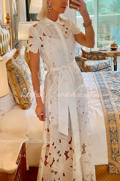Dubai Style Crochet Lace Short Sleeve Tie-up Shirt Maxi Dress