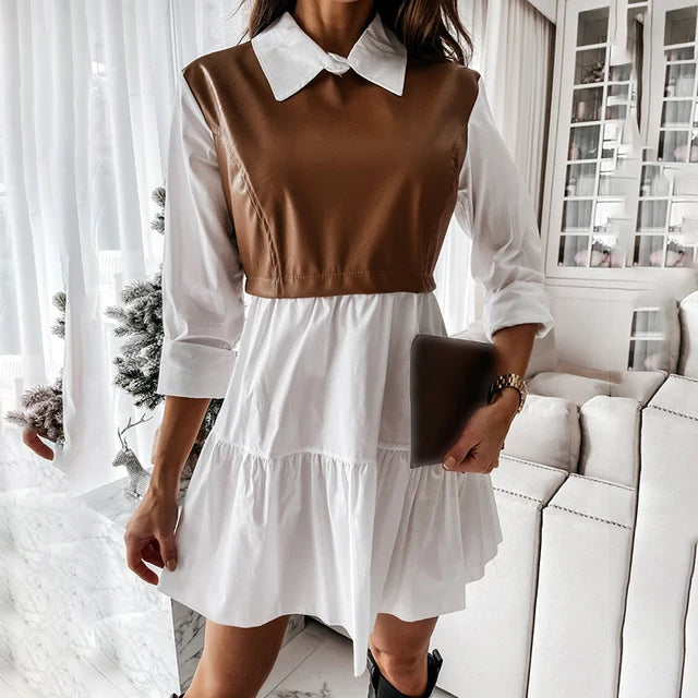 Plaid Shirt Vestidos Long Sleeve White Short Dress for Summer Pu Leather Patchwork Sweet Office Mini Dresses