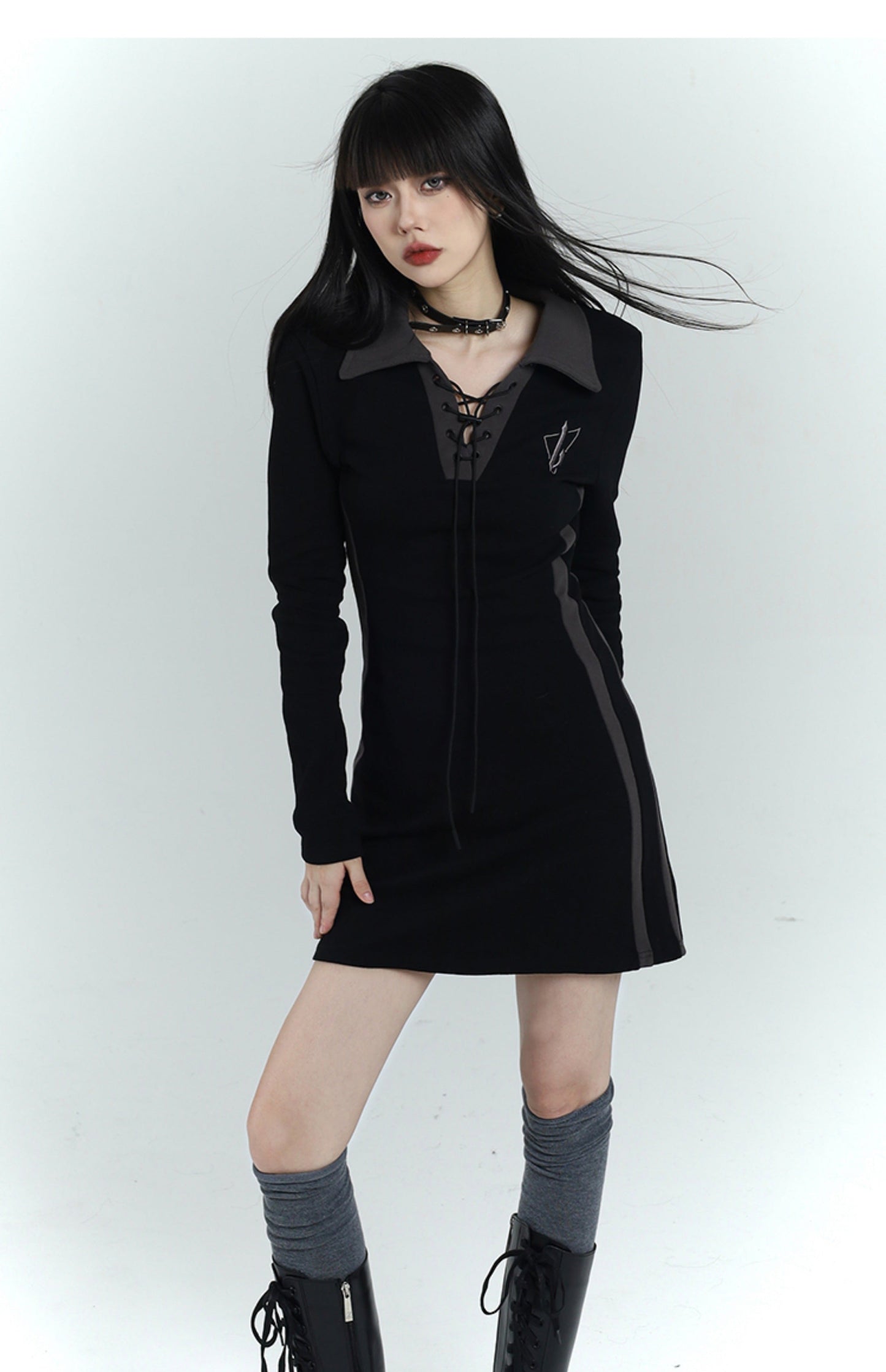 Lace-up Collar Mini Dress
