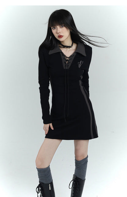 Lace-up Collar Mini Dress